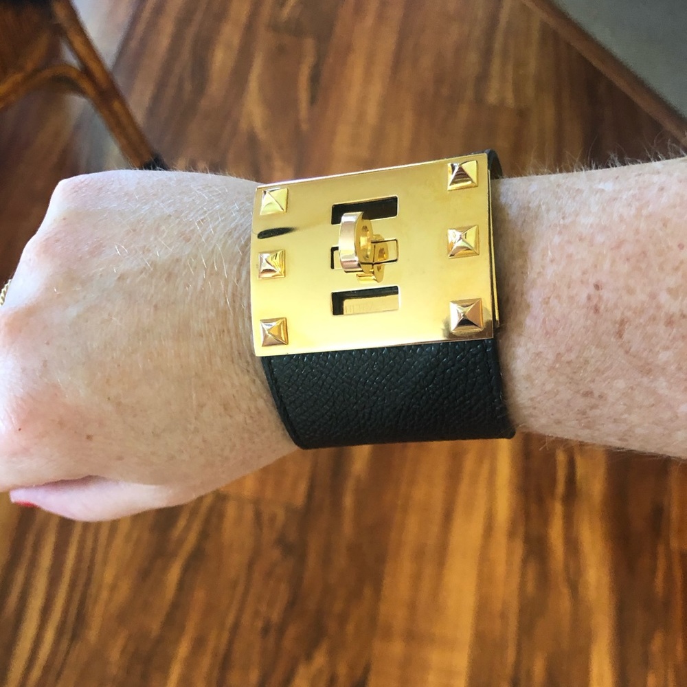 Hermes Black Leather Cuff with Gold Hardware